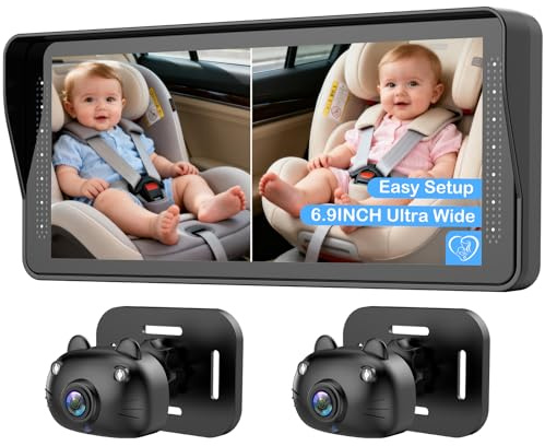 Cámara doble para coche de bebé para 2 niños, pantalla dividida de 6.9 pulgadas, pantalla HD ultra ancha con dos cámaras, fácil configuración, cámaras de visión nocturna giratorias, ideal para padres