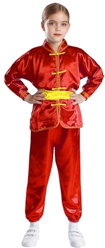 Kvysinly Trainingsanzüge Kinder Satin Kung Fu Uniform Langarm Tops mit Hosen Gürtel Traditionelle Tai-Chi Uniformen Rot 98-104