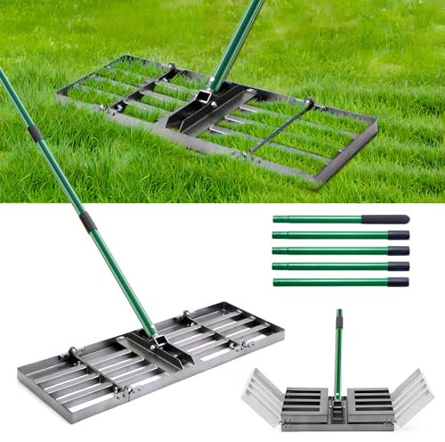 Rasennivellierharke - 76x25cm Rasennivellierer Rasen Rakel, Hochbelastbarer Rasen Nivellierrechen mit 84-196cm Verstellbarem Griff, Klappbare Garten Rasenrechen für Erde, Sand, Kies