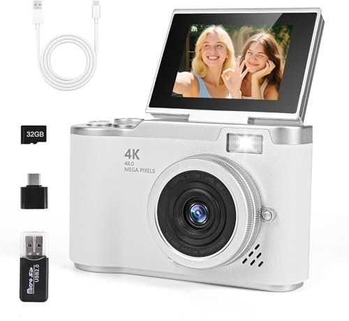 Macchina Fotografica Digitale con Scheda 32GB, 1080P 40MP Fotocamera Digitale Compatta con schermo da 2,4 pollici 180°, Fotocamere Digitali Per Bambini Adolescenti Adulto Principianti (Bianco)