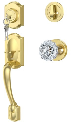 Calzibeno Vintage Front Door Handle and Deadbolt Set, Gold Front Door Lock Set with Crystal Glass Door Knob, Entry Door Lock Set with Single Cylinder, Reversible for Right & Left