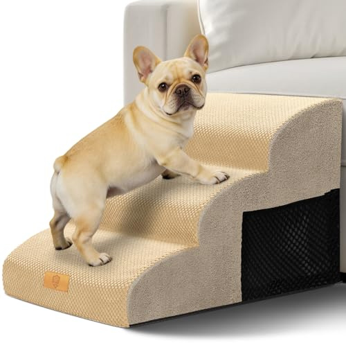 Thihome Dog Steps for Bed, 3-Steps Gentle Slope Dog Ramp with Waterproof & Washable Cover, 30D High Density Foam Pet Stairs for Small/Senior/Injured Pets, 60 x 40 x 40cm, Beige