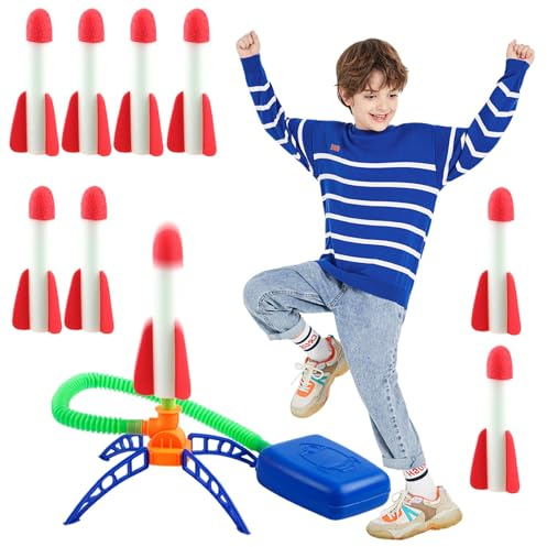 MisFun Cohete Juguete, Juegos Jardin Juguete Cohete de Aire con 8 Cohetes de Espuma + 1 Lanzador de Cohetes, Juegos Exterior Niños, Regalo para niños a Partir de 3 4 5 6 7 8 9+ años