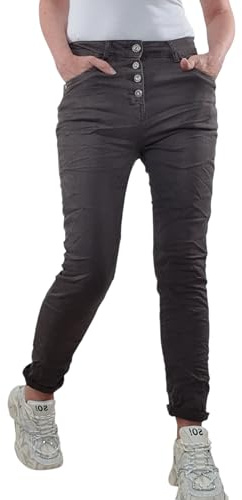 Karostar Dam stretch jeans | boyfriend byxor med dekorativa smyckesknappar | Mid Rise 5 fickor denim byxor, choklad, 3XL