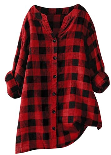 JiXiang Womens Plaid Shirt Classic Roll Up Long Sleeve Button Down Casual Loose Tops Lightweight Work V-Neck Checked Blouses Red