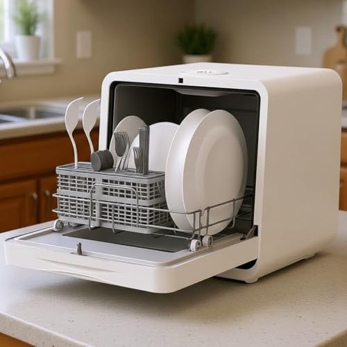 MoraRise Table Top Dishwasher, Mini Countertop Dishwasher with 7 Programs, Built-in 5L Water Tank, Dual Water Supply, 24H Delay, No Plumbing, Baby Care, Drying Cycle, Fruit Wash (White)