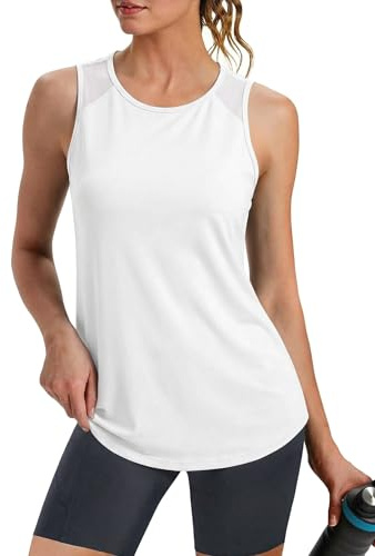 Crewhpo Camiseta Deportiva Mujer sin Mangas Espalda de Malla Fitness Yoga | Camisetas Tirantes, Protección Solar, UPF 50+, Dobladillo Curvo, Secado Rápido, Transpirable, Running, Gimnasio, Verano