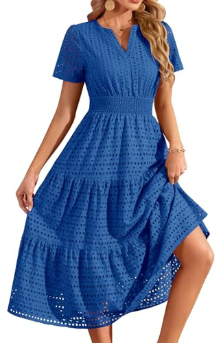 heekpek Vestito Lungo Estivo Donna Cotone Scollo a V Elegante Abito Vita Alta A Line Maniche Corte Abiti Estivi Curvy con Tasche, Blu Scuro, M