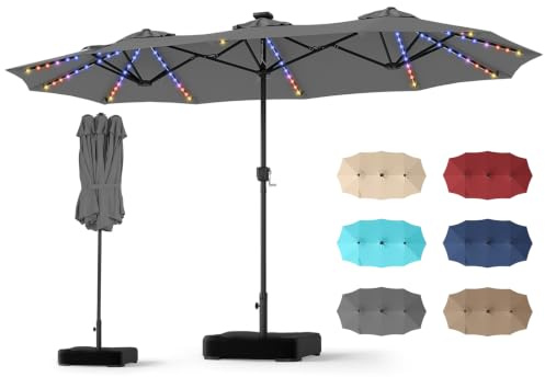 COSTWAY Dubbelparasoll med stativ 370 x 200 cm, dubbelt parasoll med LED-solbelysning, 12 ljuslägen, 2 laddningsmöjligheter, trädgårdsparaply med vev, terrassskärm, marknadsparaply (grå)