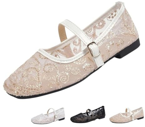 Mary Jane - Ballerines plates en maille brodée - Bout carré - Dentelle florale - Large largeur - Confortables et légères - Mary Janes