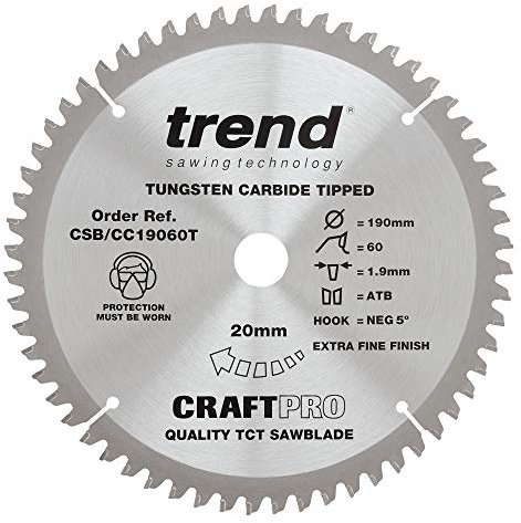 Trend Wood Cordless Mitre Saw Blade, 190mm Diameter, 20mm Bore, 60 Teeth, 1.9mm Kerf, -5° Hook, TCT, Extra-Fine Finish, CSB/CC19060T