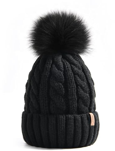 FURTALK Winter Beanie Knit Hat for Women Warm Fleece Lined with Faux Fur Pom Poms Womens Thick Ski Hats Knitted Skull Cap Black with Black Pom