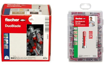 fischer DUOBLADE, selbstbohrender Gipskartondübel,40 Stück & 535971 MEISTER-BOX DUOPOWER, Dübelbox mit 132 Dübeln (60 Stk. 6 x 30, 60 Stk. 8 x 40, 12 Stk. 10 x 50), Universaldübel, praktisches Set