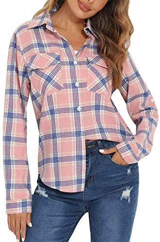 Camisa Cuadros Algodón Mujer Franela Camisa Leñador Blusas Basiccon Botones Camisetas Cuello V Manga Larga Oficina Básico Vintage Western Casual Azul Rosado L
