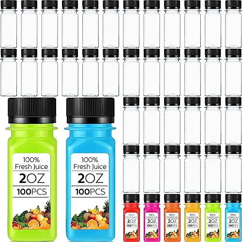 Roshtia 100 Pcs 2oz Small Clear Plastic Juice Bottles with Lid for Liquids Reusable Ginger Shots Bottle Vial Beverage Container Leak Proof Mini Jars for Juice, Milk, Water