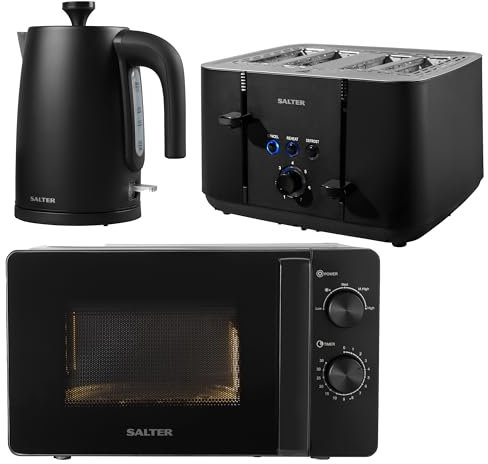 Salter COMBO-8686 Kuro Kettle Toaster Microwave Set – Matching Kitchen Countertop Breakfast Set, Rapid Boil 1.7L 3kW Kettle, 4-Slice Anti-Jamming Toaster, 20L 800W Manual Dial Microwave, Black
