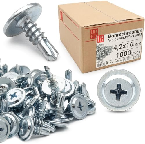 LUN FIX PH2 - Tornillos autorroscantes (4,2 x 16 mm, 1000 unidades) | Cincados, con cabeza curvada ancha, para chapa