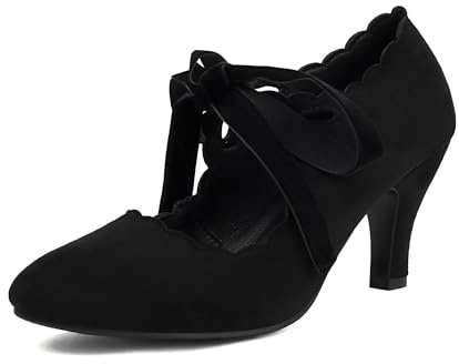 elerhythm Mary Jane Chaussures vintage à lacets pour femme Bout rond Gatsby des années 1920 Escarpins victoriens en daim, Noir , 37 EU