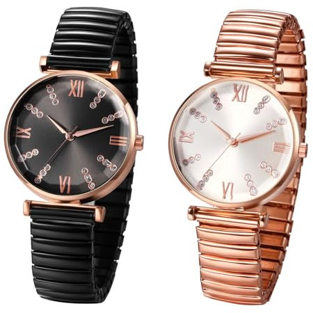JewelryWe Damenuhr Elastisch Glitzer Uhr: 2 Stück Damen Analog Quarz Armbanduhr Edelstahl Stretch Armband Frauen Lässige Uhr mit Strass Römischen Ziffern Zifferblatt