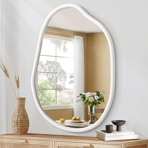 HLFMVWE Unregelmäßiger Wandspiegel, weißer asymmetrischer Spiegel für die Wand, moderner Holzrahmen, einzigartiger Eitelkeitsspiegel, geformter Ankleidespiegel, dekorativ für klein 35 x 25CM