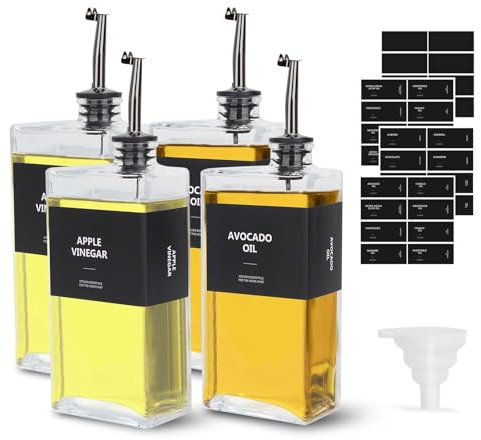 sunal Olive Oil Bottles,Black 4pack Oil Dispenser Bottle for Kitchen,500ml/16.9 oz Glass Bottle with Weighted Pourer and Waterproof Label&Silicone Funnel,Square