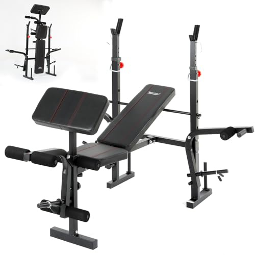 Novonova Banc de Musculation Complet Multifonction avec Dossier Réglable, Repose-Jambes et Support de Poids, Banc Musculation Pliable&Inclinable/Bancs Developper Coucher, Bancs de Biceps/de Curl