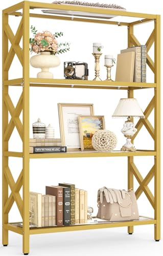 Homieasy 4 Tier Gold Bookshelf with LED Lights, Tempered Glass Display Shelf with Metal Frame, Modern Bookcase with X-Side Guards, Luxury Storage for Living Room, Bedroom & Office