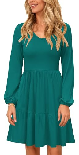 PLOKNRD Vestido de Cuello V Manga Larga de Mujer con Bolsillo Elegante Vestidos en Capas Falda Corta Casual de Otoño e Invierno