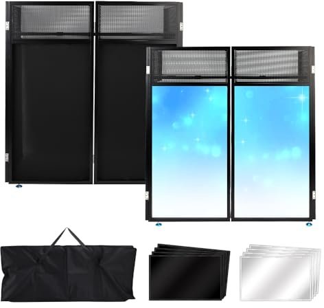 Topteng Portable DJ Facade Booth with Black/White Lighting Scrims, 42 x 20 Metal Frame DJ Table with Cable Slots, Carrying Case, for Events Clubs Bars Weddings Shows Party Indoor and Outdoor