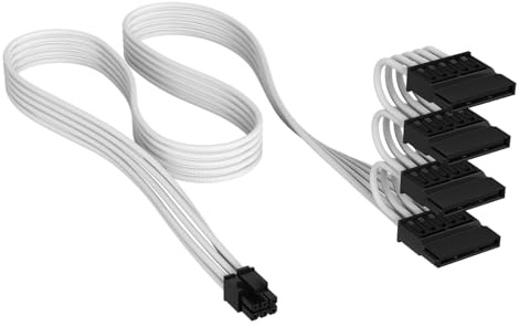 CORSAIR Elite Premium SATA-strömkabel med Individuellt Hölje (4 Kontakter) Type 5 – 750mm, Lågprofils Kabelkammar, Trippellager Mesh/Paracord-Design – Vit