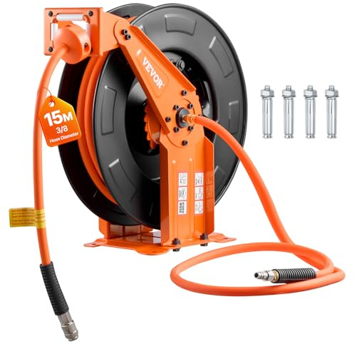 VEVOR Pneumatisk tryckluftsslang 15 m x 9,5 mm, max 300 psi, med automatisk upprullning och 1,52 m kabel, dubbel stålarm