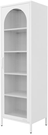 ML-Design Vitrina de Salón Blanca 45x145x35 cm, Armario de Acero con 5 Estantes de Almacenamiento y 1 Puerta, Mueble de Metal, Estilo Industrial, Estantería Estecha Archivador de Oficina