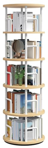 MAHANCRIS Estantería Giratoria de 5 Niveles, Display girevole a 360°,Librería de Pie con Barras de Seguridad, para Sala, Dormitorio o Despacho, Madera Natural y Blanco ABKBN4501