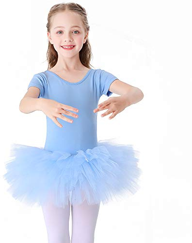 Bezioner Kinder Ballettkleidung Tütü Ballettkleid Mädchen Baumwolle Balletttrikot Kurzarm Ballettanzug Tanzbody mit Rock Blau 110