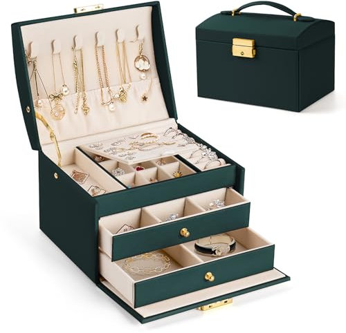 Aidodo Schmuckkästchen 3 Ebenen, Schmuckkasten mit 2 Schubladen, PU Leder, Schmuckaufbewahrung für Ringe, Ohrringe, Halsketten und Uhren, Schmuckschatulle mit Schloss und Schlüssel