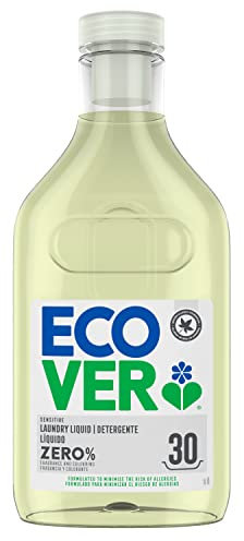 Ecover ZERO Detergente lavadora ecológico, ingredientes biodegradables, sin fragancia, vegano, botella 100% de plástico reciclado, formato de 1,5 L, 30 lavados