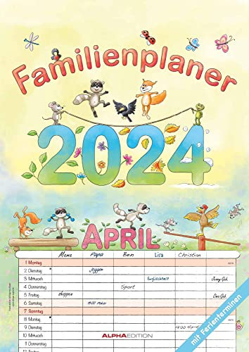 Familienplaner Cartoon 2024 - Familienkalender A3 (29,7x42 cm) - mit 6 Spalten, Ferienterminen (DE/AT/CH) und viel Platz für Notizen - Wandkalender: by Silke Leskien