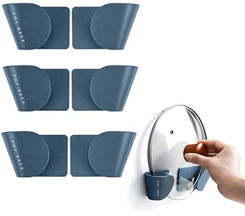 Menmamenma 6 Pcs Pan Lid Holder Adjustable Pot Lid Rack Plastic Self-Adhesive Cabinet Door Wall Mount Kitchen Storage for Home Kitchen Plates Towels Utensils Organizers - Blue