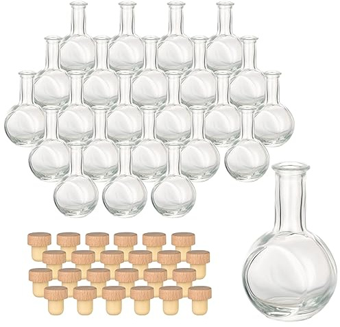 gouveo Set di 24 bottiglie di vetro da 50 ml di liquore con tappo in sughero (HGK) - Mini bottiglie da 0,05 l in vetro - Bottiglia di design vuota con tappo in sughero per liquore (LF050HGK)