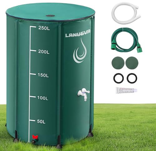 LANUEVA 66 Gallon Collapsible Rain Barrel, Rainwater Collection System with 2 Spigots, Overflow Kit and 2 Hoses, Portable Water Storage Tank with Scale Mark for Garden Plant Watering, Farm Irrigation