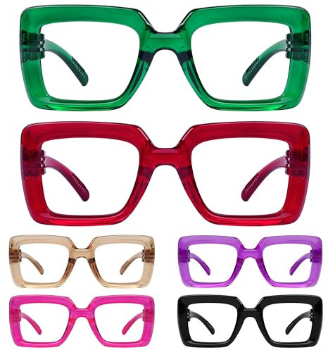 Eyekepper Gafas de lectura para mujer Sin metal Sin tornillos bisagras de muelle Paquete de 6 Mujer de gran tamaño cuadrada Marcos gruesos gafas para presbicia +2,25