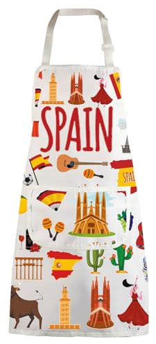 WZMPA Spain Espana Grilling Apron Spain Chef Gift Spanish Adjustable Apron With Pockets Spain Travel BBQ Gift, Spain Ap