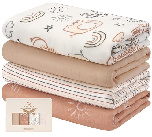 Yoofoss Couverture d’Emmaillotage pour Bébé Lot de 4 Langes de Gaze de Coton et Bambou 120x120 cm pour l’Emaillotage Couche Plaid Gigoteuse Couverture Serviette Bavoir