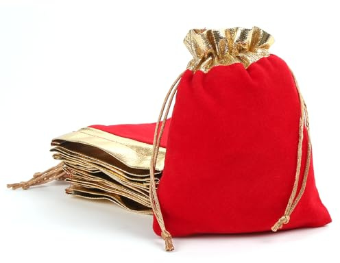 YIEMI Lot de 12 sacs cadeaux en velours rouge doré avec cordon de serrage de 12 x 15 cm