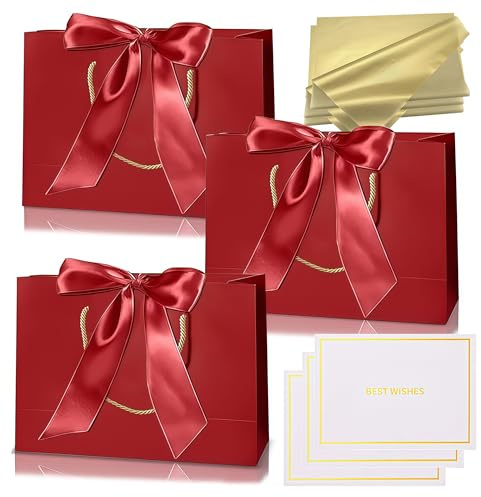 3 piezas Bolsas Regalo Rojo Vino,Bolsa de Papel Cumpleaños Medianas con Asa,3 Lazo 3 Tarjeta Felicitación y 6 Pañuelos,Embalaje de Regalo para Cumpleaños,Fiestas,Bodas,Baby Showers,Celebración