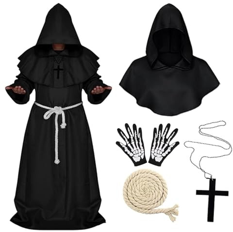 Gillterway Costume da Monaco Uomo Medievale con Cappuccio e Croce, Accappatoio da Sacerdote Rinascimentale Nero, Abito da Frate Adulto con Corda in Vita, Costume Halloween Carnevale Cosplay (L)