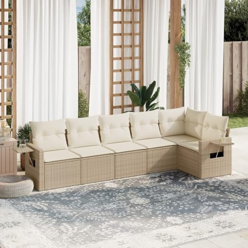 Frdhee Muebles de balcón y jardín, 6 piezas, juego de sofás de jardín con cojines beige de poliratán, juego de bistró para patio, exterior