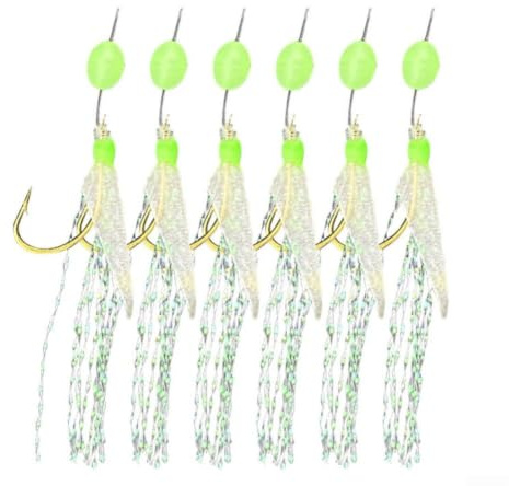 6pcs for sabiki Rig Soft Lures with Glow Beads for Sea Fishing - Carbon Steel Hooks for Mackerel Herring Cod - Saltwater Beach Casting Tackle Green #8-#18(10#)