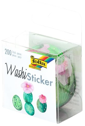 folia 26504 - Washi Sticker, Kakteen, vorgestanzte Formen aus Reispapier, 200 Stück auf Rolle - ideal zum Verzieren und Dekorieren, Bunt