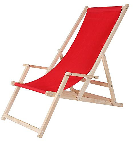 Melko Strandstuhl mit Armlehne Faltstuhl Liegestuhl aus Holz Sonnenliege Faltliege Rot